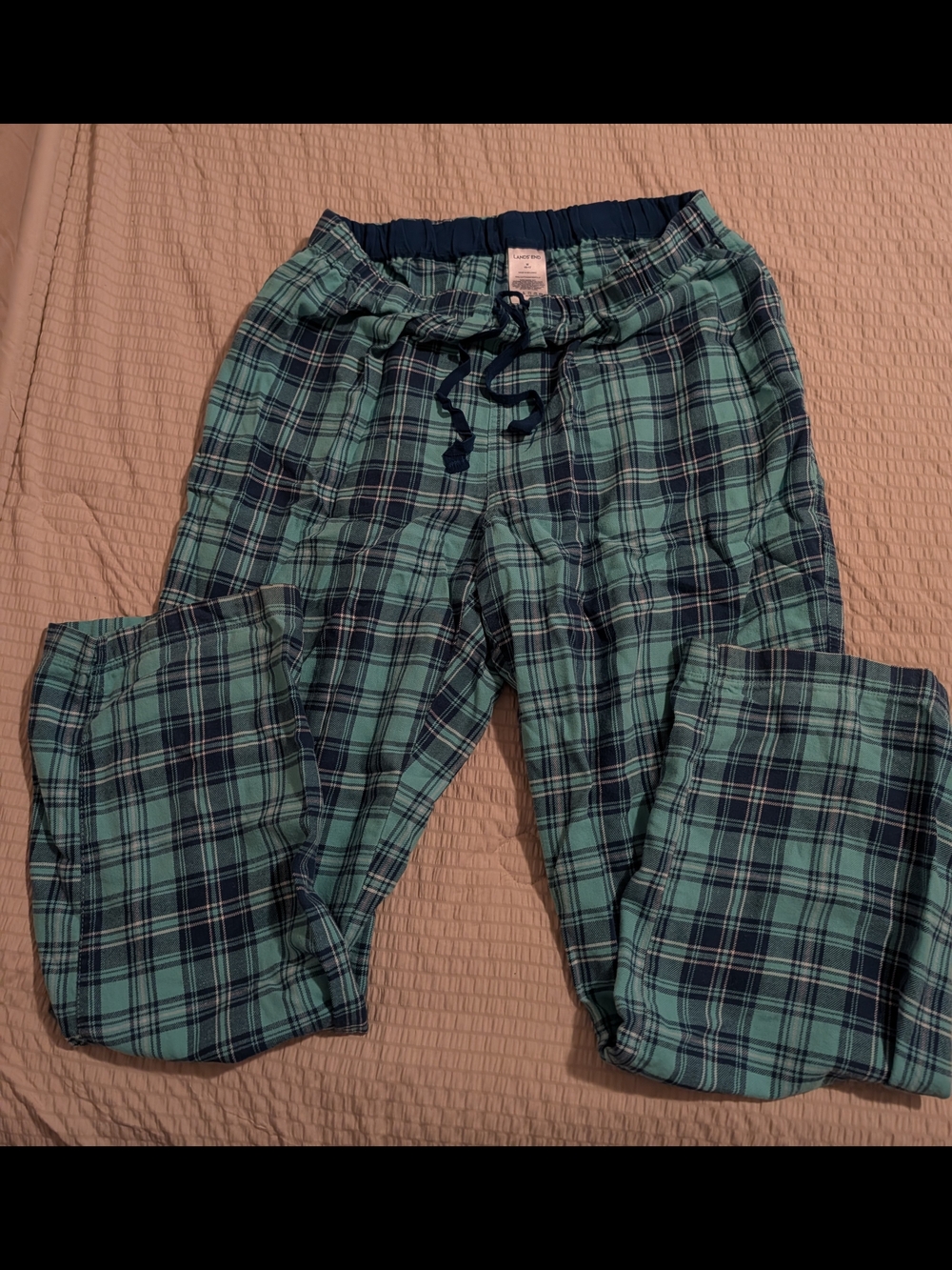 Lands' End Green and Navy Plaid Drawstring Pajama Pants
